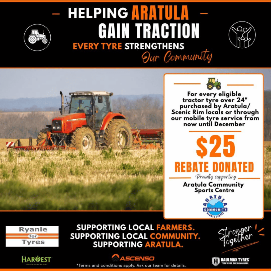 Tractor in a field on a black-and-orange banner reading 'Helping Aratula Gain Traction' with a large $25 rebate sign on the right side.